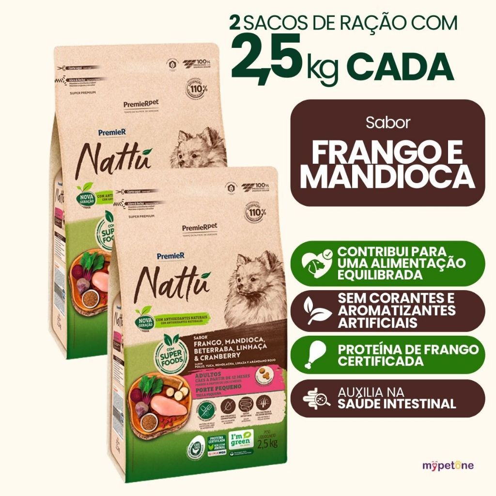 Kit com 2 Ração Nattu Cães Adultos Raças Pequenas Sabor Mandioca 2,5kg
