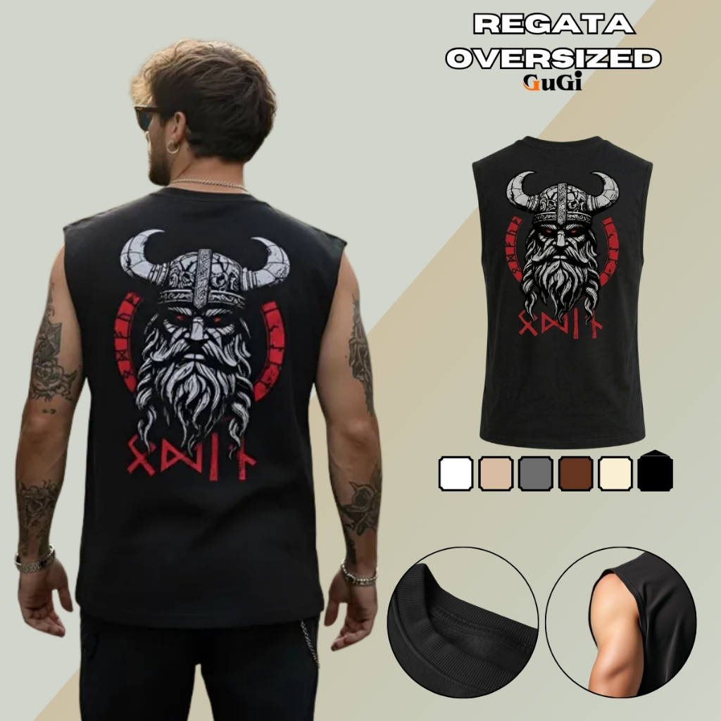 Regata Machão Masculina GuGi Estampa Viking Odin Mitologia Nórdica Algodão Camiseta Cavada Casual