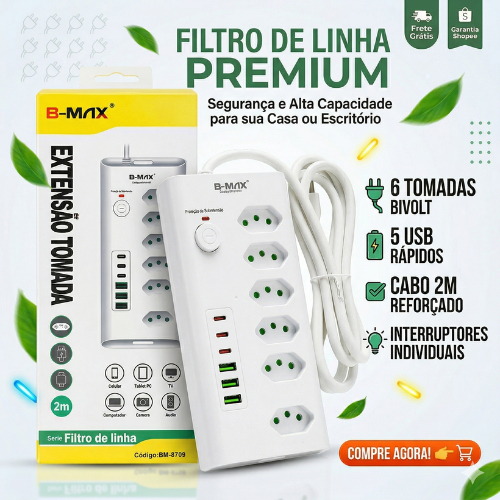 Filtro De Linha 2m 6 Tomadas + 3 USB + 3 Tipo C Régua Extensão Tomada Bivolt Universal B-Max Turbo Profissional Reforçad