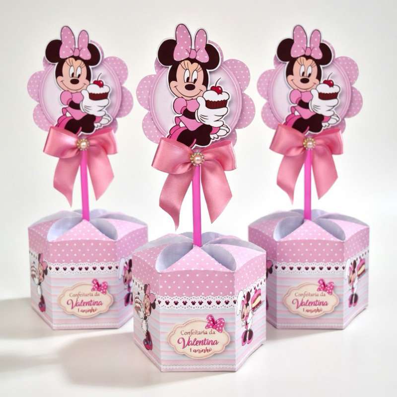 Kit 10 Unidades Centro de Mesa Sextavado Confeitaria da Minnie Luxo  Personalizada Nome - Papel Fotográfico Brilho