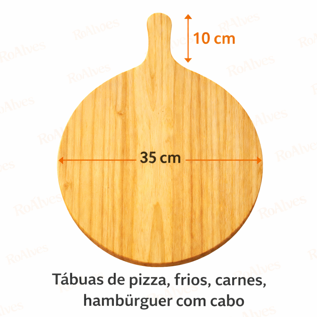 🍕 Tábua de Pizza 35 cm Madeira Pinus com Cabo | Para Frios, Carnes e Churrasco | Resistente e Artesanal