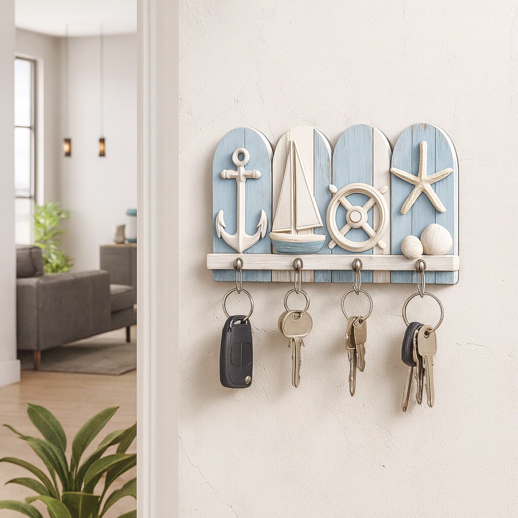 Decoração de Parede - Porta Chaves Ancora, Veleiro, Leme e Conchinha