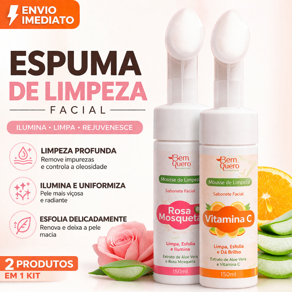 Kit 2 Unidades Mousse Espuma Facial Vitamina C e Rosa Mosqueta Limpeza Profunda Clareia e Rejuvenesce a Pele SkinCare