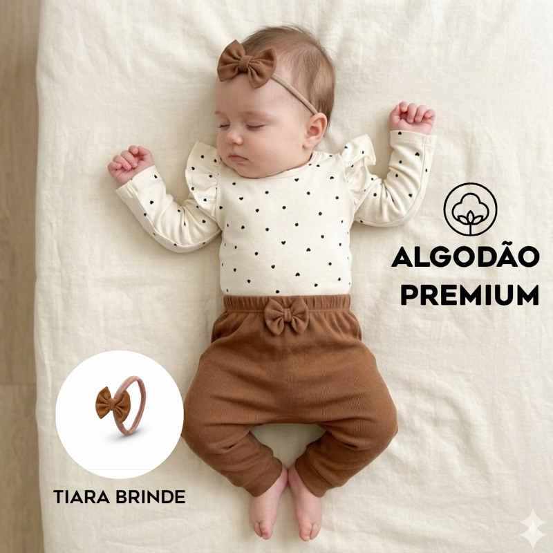 conjunto kit body  bebê menina minimalista / 3 peças em algodão premium/minimalista/ shorts/ calça body e tiara