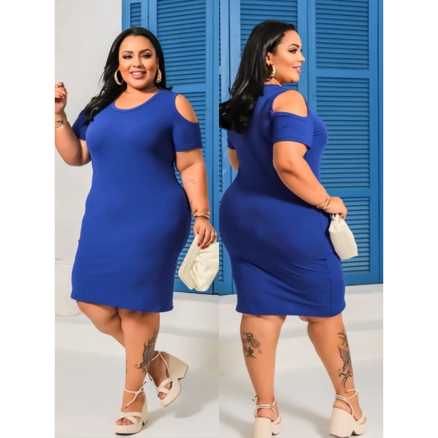 Vestido Plus Size Midi Tubinho Canelado Recorte Na Manga Azul Bic