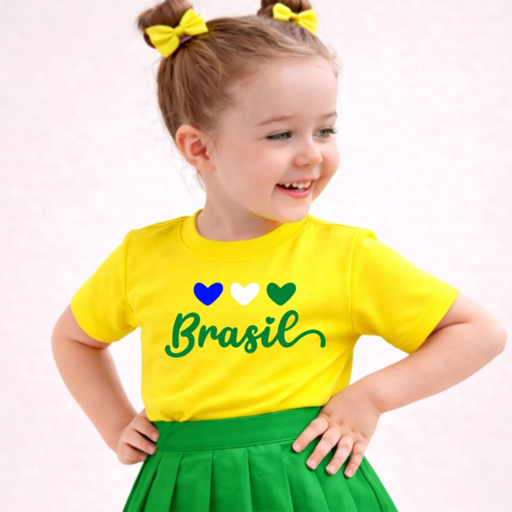 Camiseta Brasil Corações Infantil e Adulto Camisa Estampada Brasil 100% Algodão Oferta
