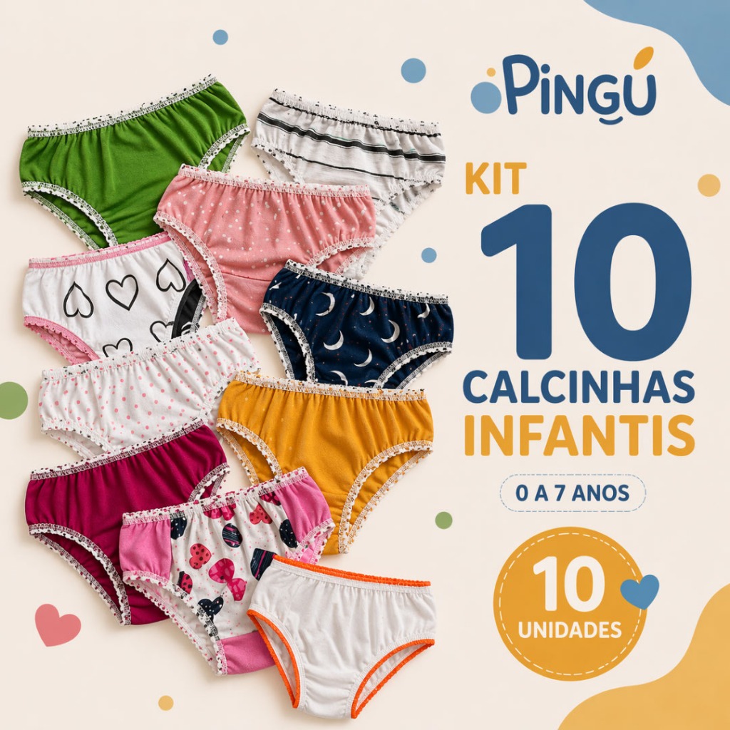 Calcinha Infantil KIT 10 Calcinhas de bebê Menina em Algodão 0 a 7 Anos