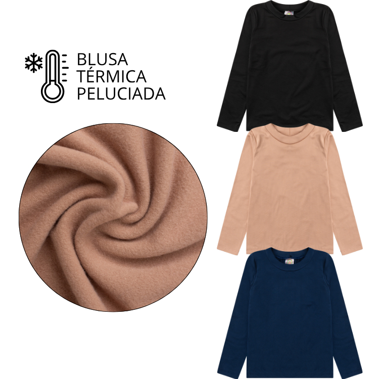 Kit Sortido Blusa Manga Longa Térmica Peluciada Lisa Unissex Menina e Menino Infantil e Juvenil