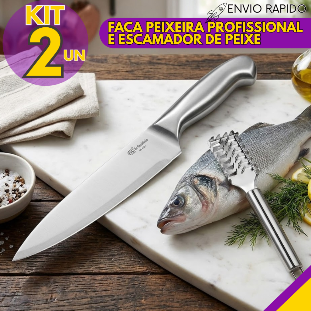 Kit Cozinha Profissional Descamador De Peixe E Faca Peixeira 6 Pol Aço Inox Inteiriça