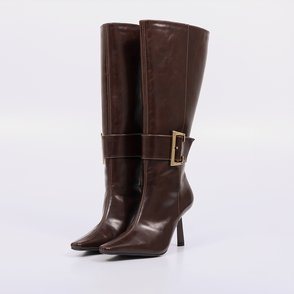 Bota Feminina Marrom Escuro Cano Alto Fivela Ajustável Salto Alto Fino Bico Fino Perla Confortável