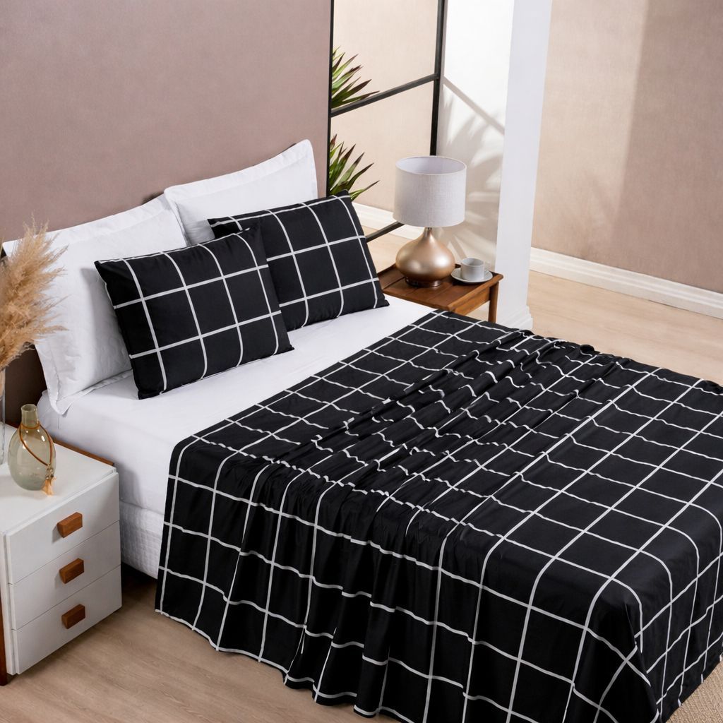 Jogo de Lençol Grid 04 Peças Cama Casal e Queen Micropercal 400 Fios 142g/m² em Oferta na Shopee