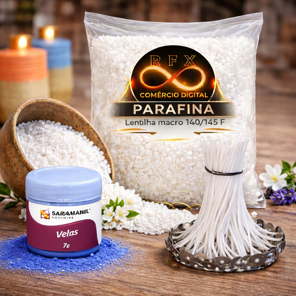 Kit Parafina 1 Kg + 50 Pavios + 1 Corante em Pó Saramanil l Kit Para Velas Coloridas