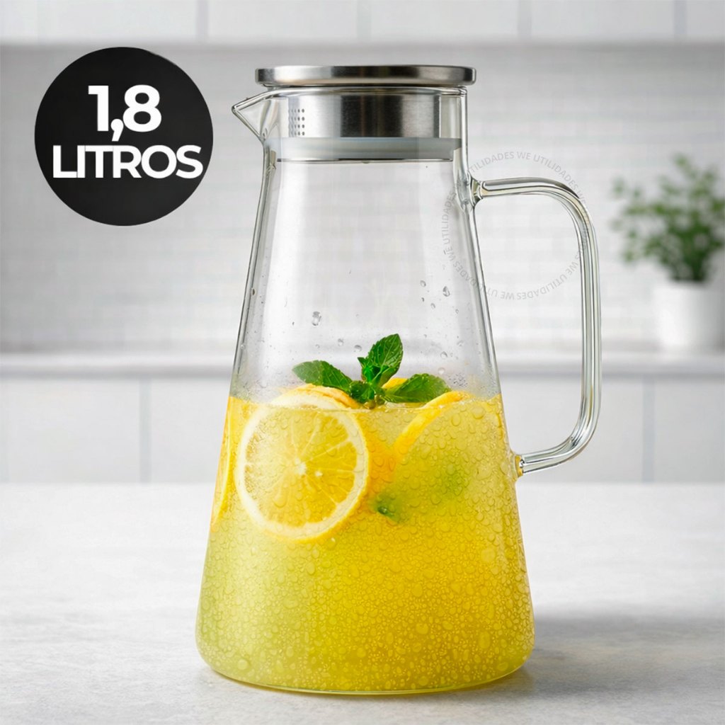 Jarra de Vidro Borossilicato 1,8L Tampa Inox Resistente Suco Agua Geladeira Elegante Mesa Posta