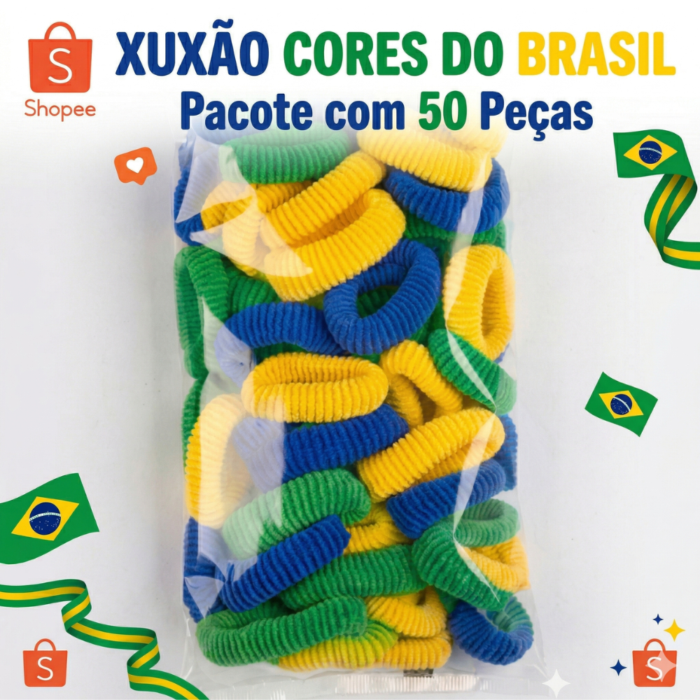 50 Elásticos Xuxão Cores do Brasil Verde Amarelo e Azul para Torcer na Copa em Oferta na Shopee