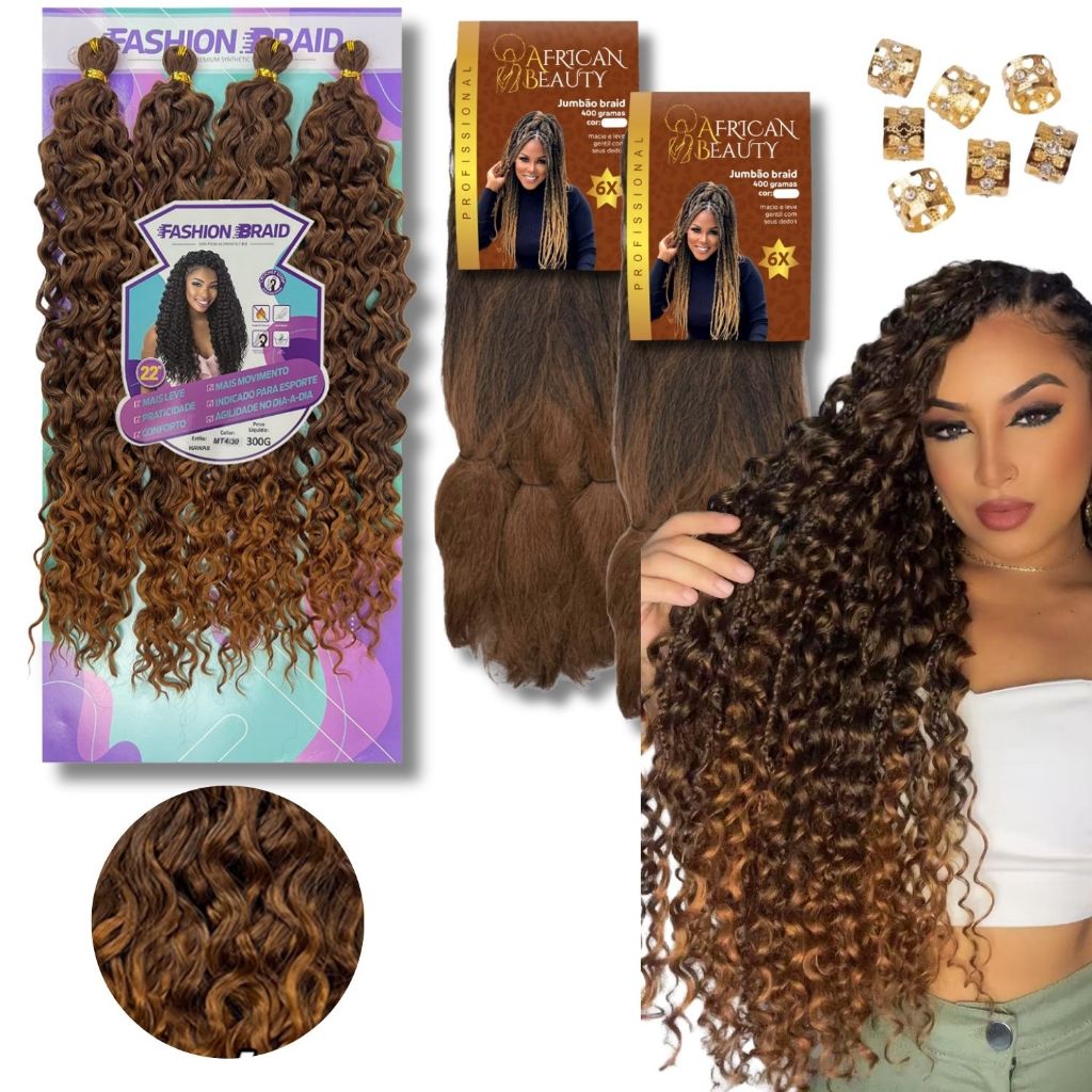 Kit Gypsy Braid Crochet Cabelo Cacheado Fibra Orgânica Cachos e Jumbo Tranças Afro Box Fulani