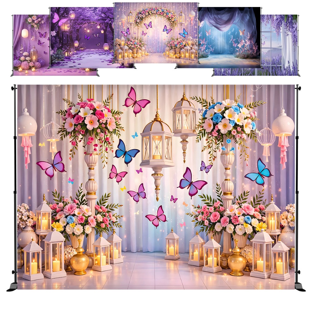 Painel Retangular Fundo Fotográfico Borboletas Roxa Jardim Tecido Sublimado Diversas Medidas