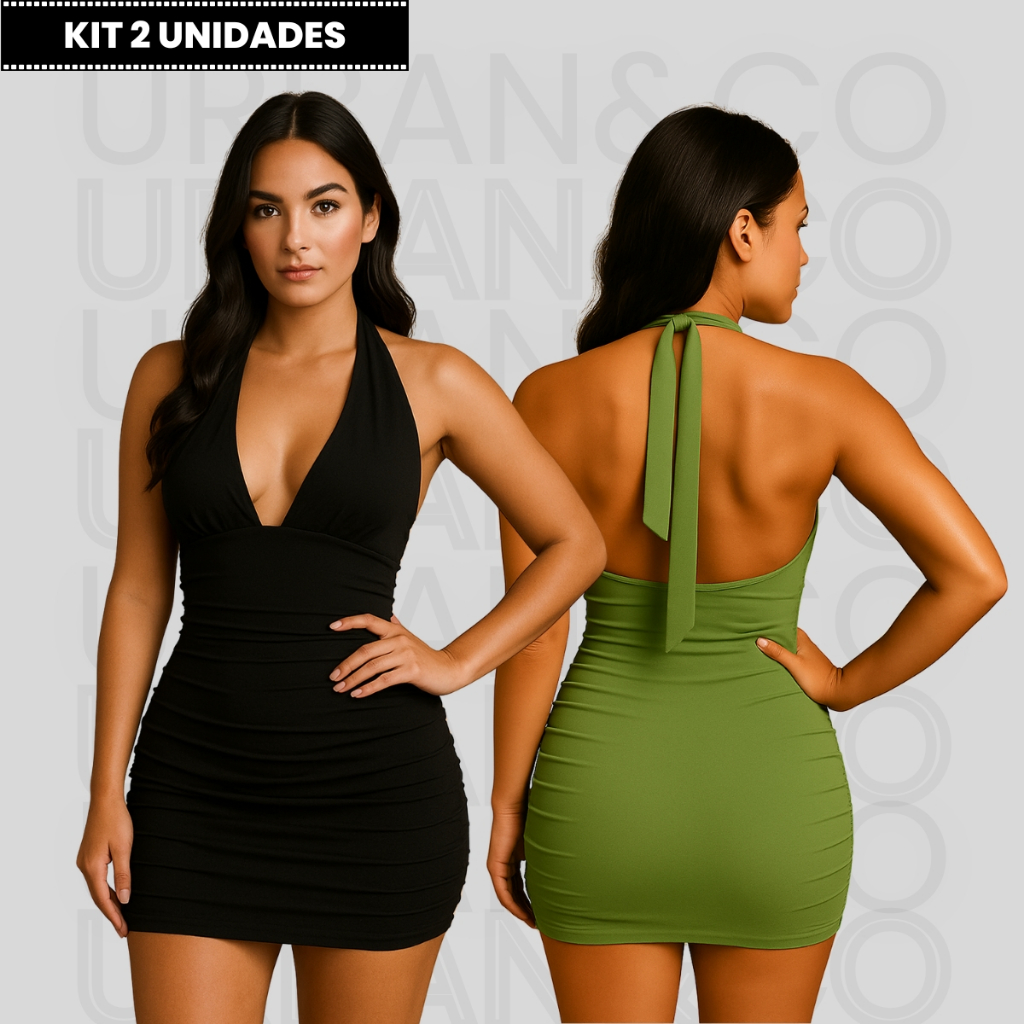 Kit 2 Vestidos Curto Frente Única Costas Nua com Amarração e Franzido na Lateral em Oferta na Shopee