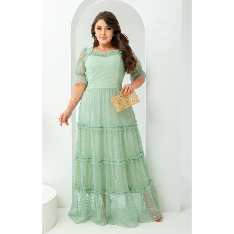 Vestido Longo Feminino Em Tule Poá Forrado Plus Size Social Moda Evangelica