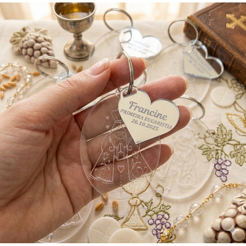 15 peças Lembrancinha Chaveiro Primeira Eucaristia/Comunhão ou Batizado | Acrílico Personalizado (Espelhado)