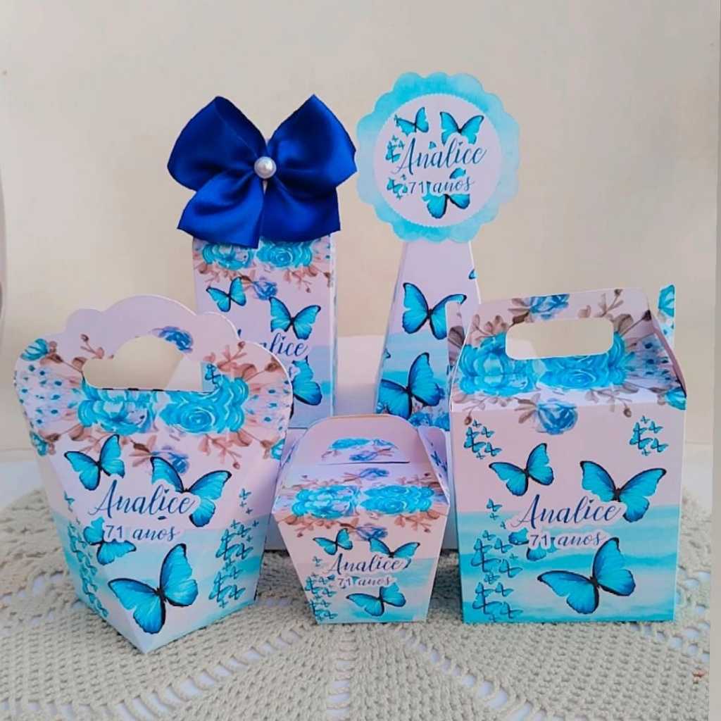 KIT FESTA Jardim das Borboletas Azul Personalizado pegue e Monte Lembrancinhas - Caixinha Personalizadas