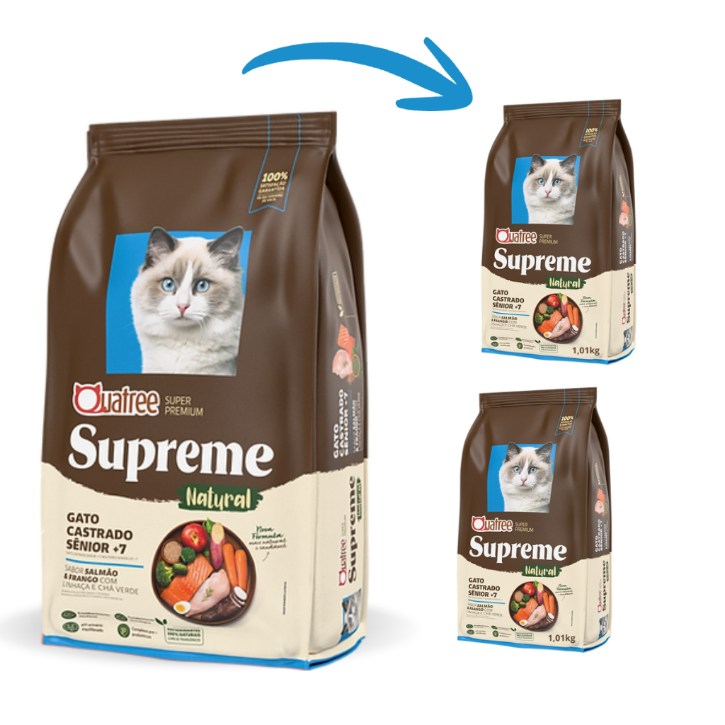 Kit Ração Quatree Supreme Natural Super Premium Gato Senior Salmão Frango 2 Pacotes 1Kg