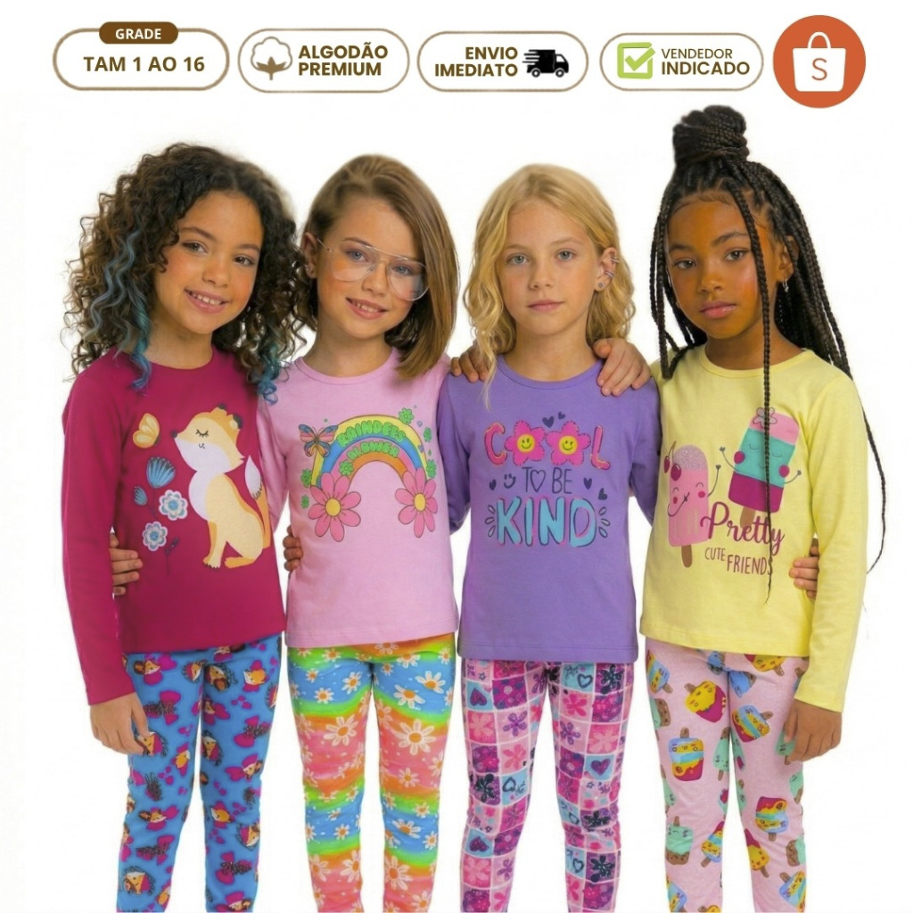 Kit 10 Peças Menina Conjunto Infantil Feminino Estiloso 5 Legging 5 Blusinha Manga Longa Meia Estação Algodão 1 a 16 ano