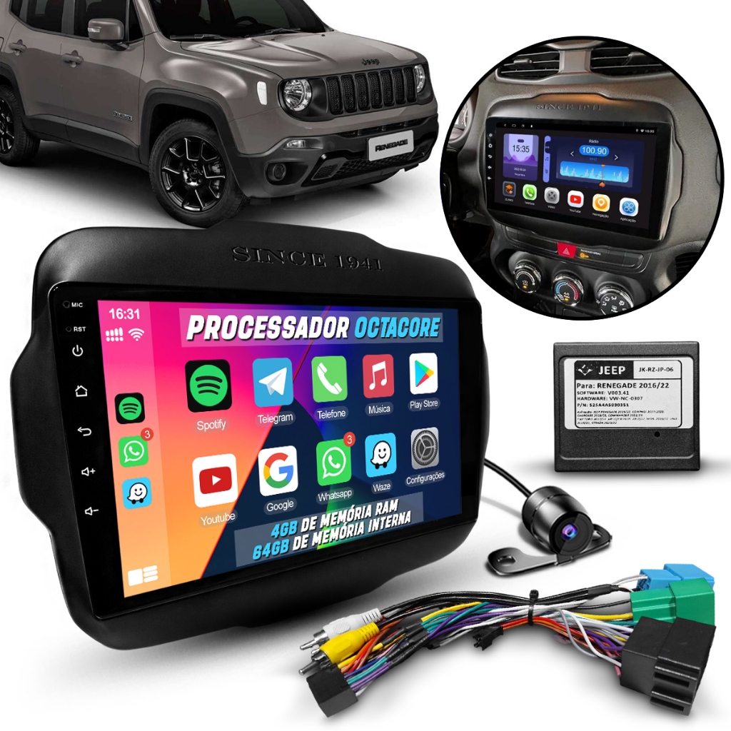 Multimidia Android Octacore Jeep Renegade + Moldura Painel + Chicote Plug In Play Canbus 2020 a 2022