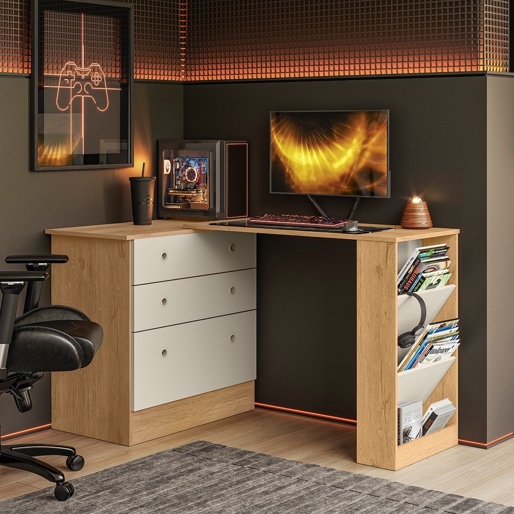 Cômoda com Mesa Giratória Gamer Freijó Off White Qmovi