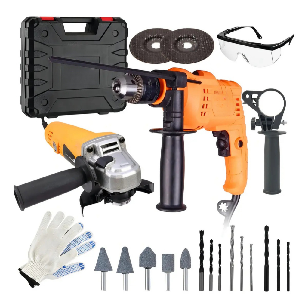 Kit Furadeira Parafusadeira 900w E Lixadeira Esmerilhadeira 900W Com 25 Peças E Maleta Completa