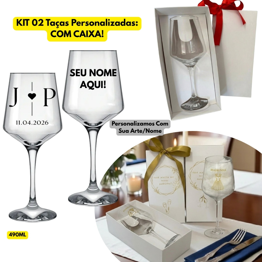 Jogo Kit 02 Taças Vinho Vidro Casal Personalizadas Brunello 490ML C/ Caixa Presente Luxo Elegante