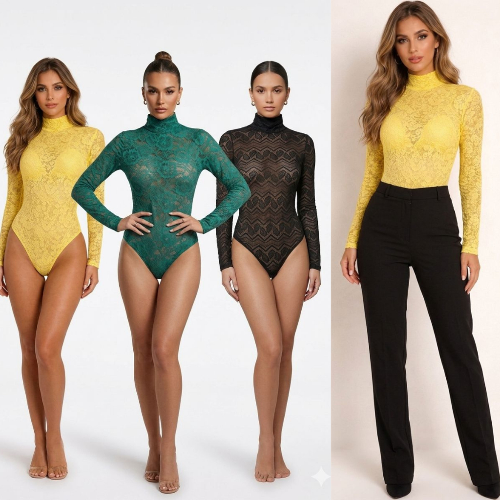Body Feminino em Renda  Gola Alta Manga Longa  Elegante Inverno Festa Mulher