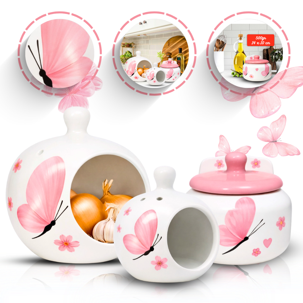 Kit Porta Alho Cerâmica e Porta Talher Borboleta Organizador Colheres Gourmet Condimentos Multiuso Decoração