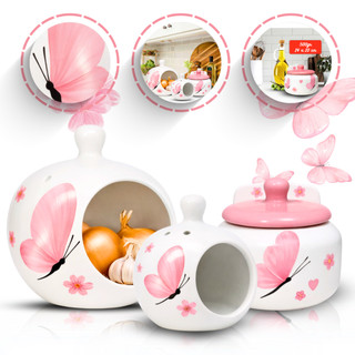 Kit Porta Alho Cerâmica e Porta Talher Borboleta Organizador Colheres Gourmet Condimentos Multiuso Decoração