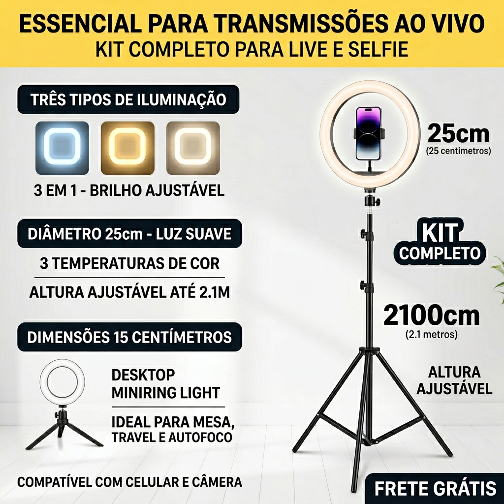 Ring Light Profissional 6/10 Polegadas - Iluminador Completo com Tripé 2,1m, 3 Temperaturas