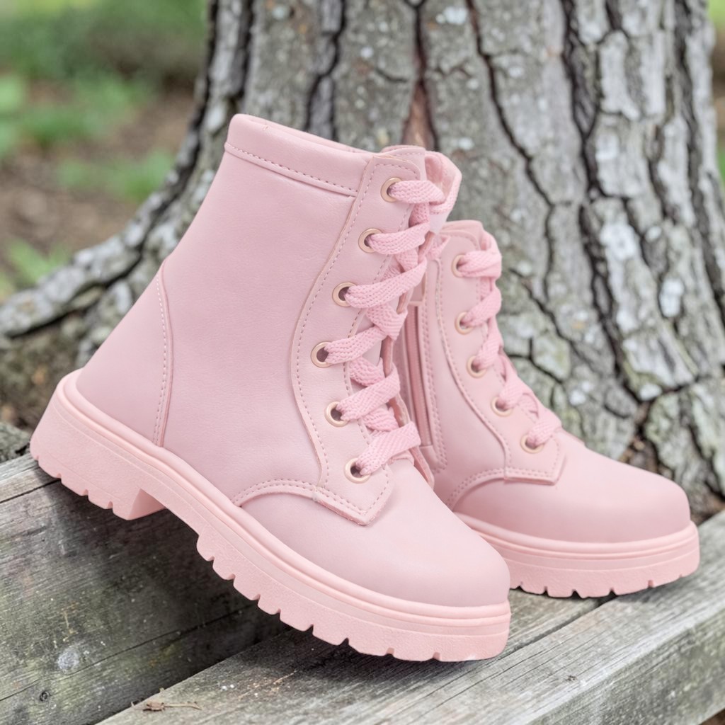 Bota Infantil Feminina Rosa Coturno Menina Cano Médio Confortável Antiderrapante