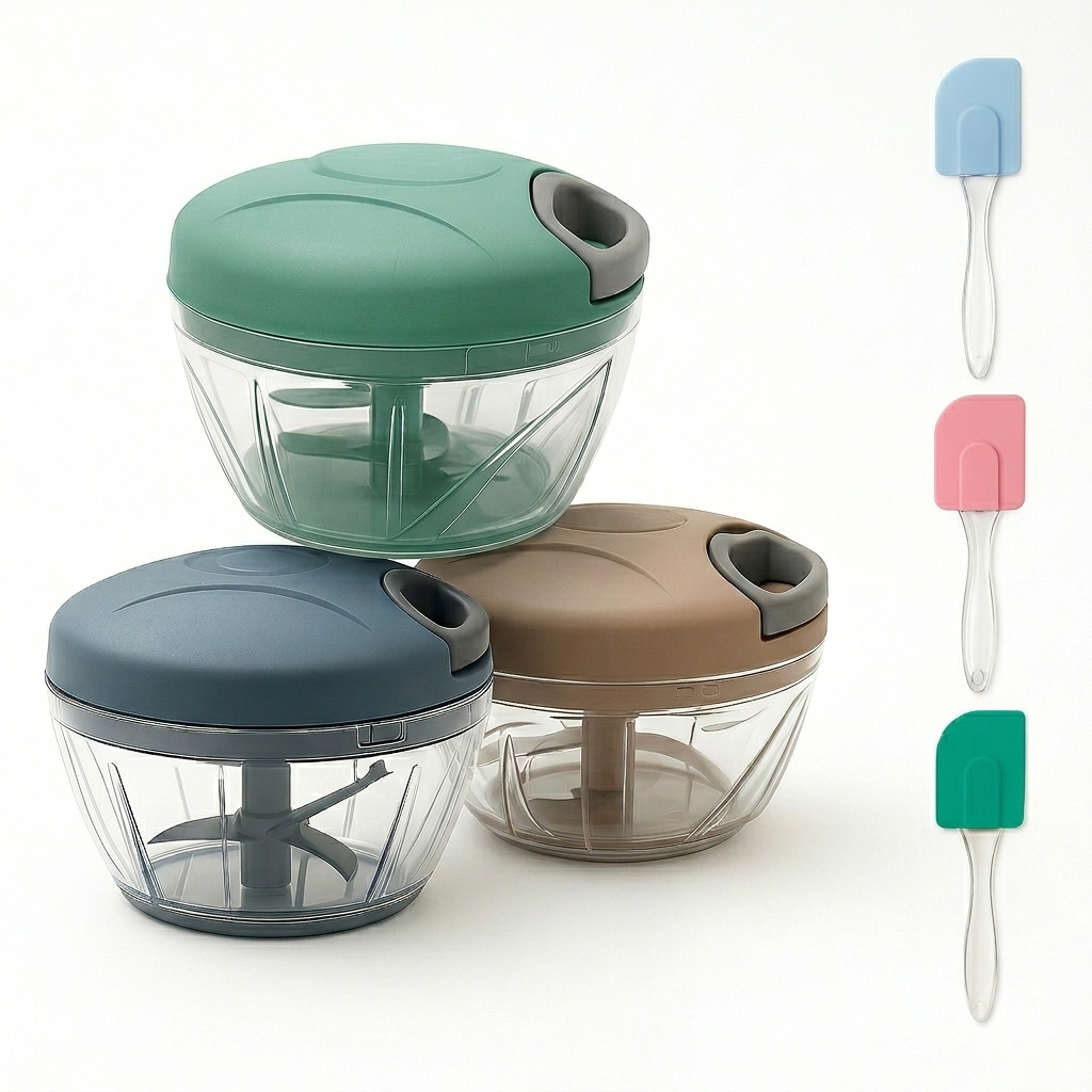 Kit Processador + Espátula Silicone Triturador Manual Alimentos 500ml 3 Lâminas Inox Picador Alho Cebola