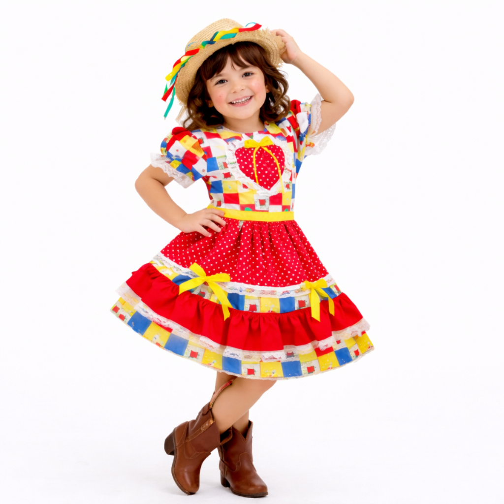 Vestido Festa Junina Vermelho Colorido Festa Infantil com Babados Coração Laços São João Festa Julina Arraia Quadrilha