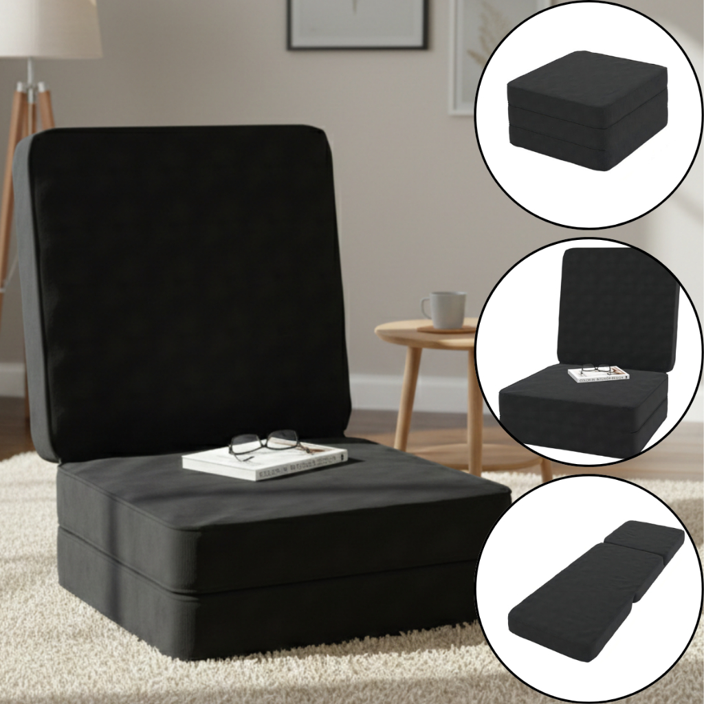 Puff Colchonete 3 em 1 Colchão Dobrável Sofá Cama Multiuso Pufe Preto Sala Quarto Visitas
