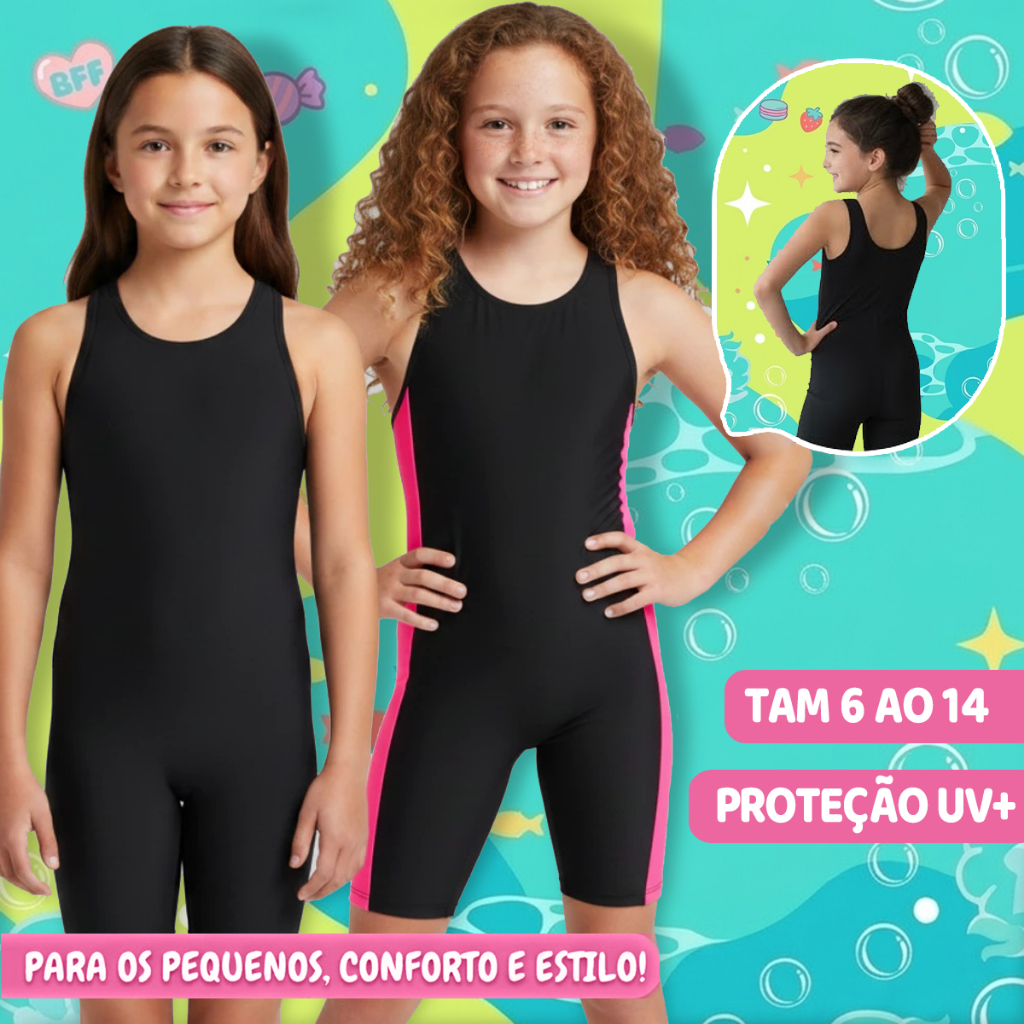 Maio Infantil Feminino Macaquinho para Hidroginástica Natação Praia Tam 6 ao 14