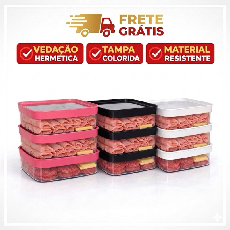 Pote Hermético Frios Tampa Colorida Resistente Empilhável Alimento Transparente Organizador - 1100ml