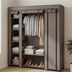 SONGMICS Guarda Roupa Dobrável 3 Divisórias, armário com 12 prateleiras e barra para roupas, estrutura de metal