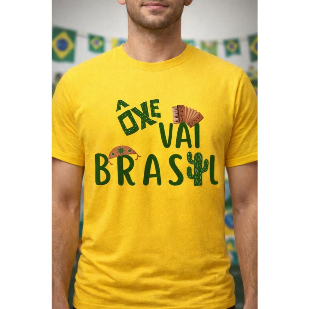 Camiseta Brasil Copa do Mundo Torcedor Nordestina Masculina 100% Algodão Vai Brasil