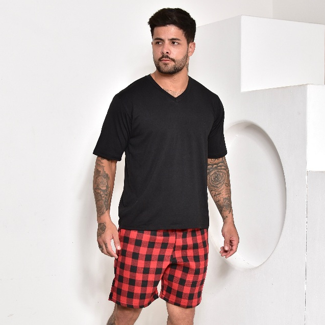 VB ONLINE Pijama Curto Flanela Xadrez Shorts e Camiseta Verão Conforto Do M ao G1