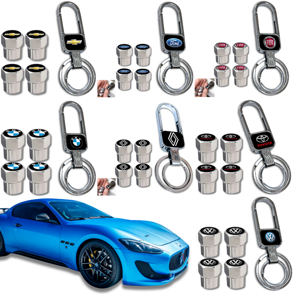 Chaveiro + Tampa Bico Pneu Metal Carro Mosquetão Metal Acessorios Automotivo