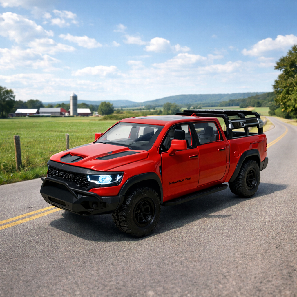 Miniatura Dodge Ram Pickup 1:32 Metal Diecast Luz Som Fricção Abre Portas Caminhonete Colecionável