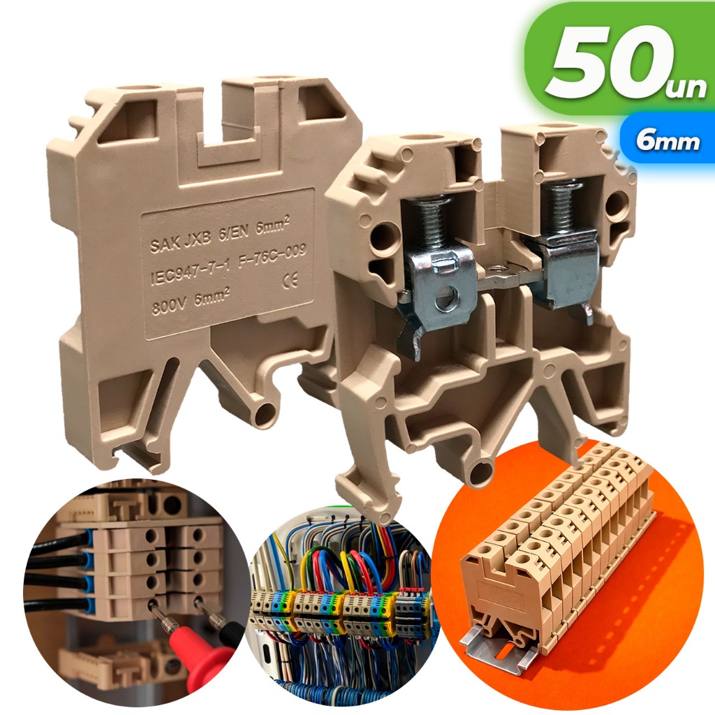 Kit 50x Conector Borne Sak 6mm Bege Conector Borne de Passagem Elétrico Fixação Trilho Din Atacado