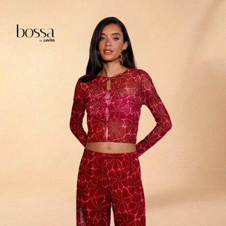 Lovito Bossa l Blusa Cropped Feminina em Tule, Estampa Floral Com Recortes Centralizados BLB15751605