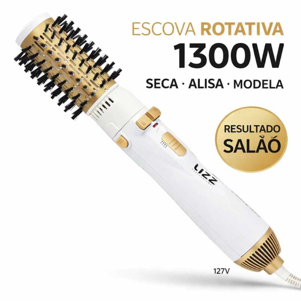 Escova Cabelo Rotativa 1300W Gold Brush Seca Alisa Modela Profissional 127V