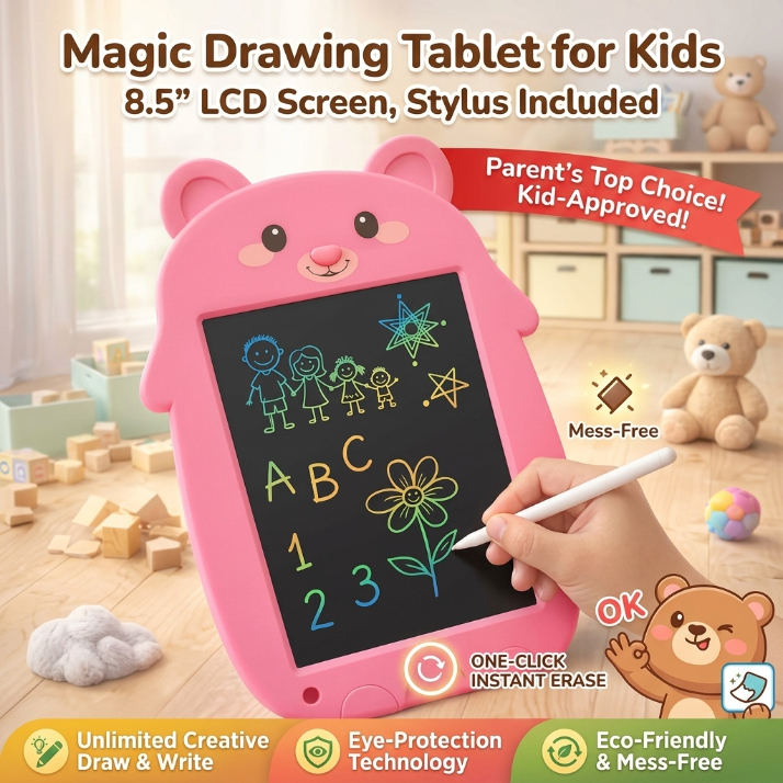 Tablet Infantil Lousa Mágica LCD 8.5” com Caneta – Desenho, Escrita e Apagar com 1 Clique, Urso Rosa