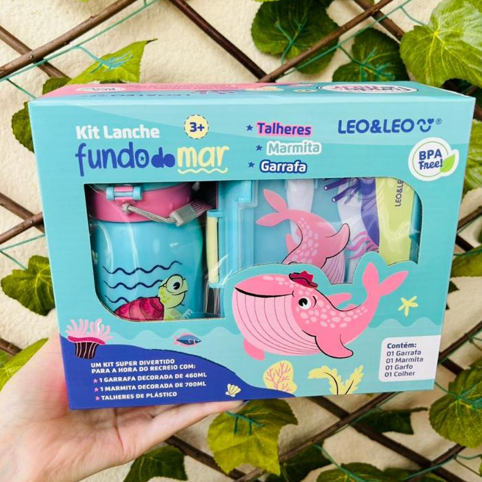 Kit Lanche Fundo Do Mar Garrafa Plástica 500 ml + Marmita 700 ml Leo&leo Escola Lancheira Criança